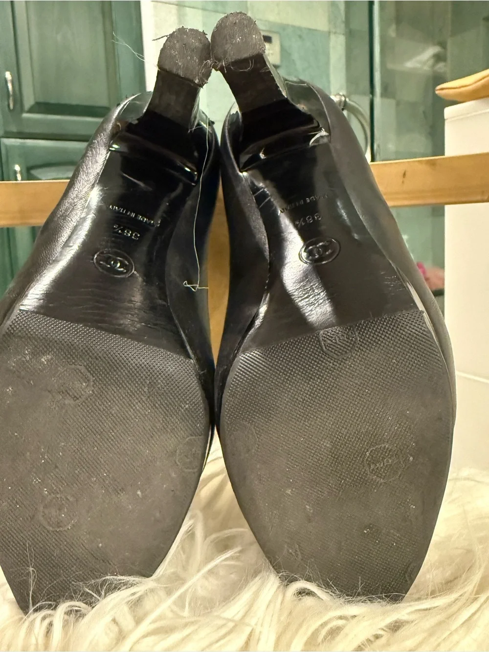 CHANEL Black Leather and Patent Cap-Toe High Heel Pumps